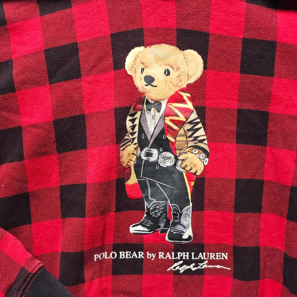 Polo Ralph Lauren Boys Red‎ Black Buffalo Plaid Polo Bear Hoodie Large 12-14